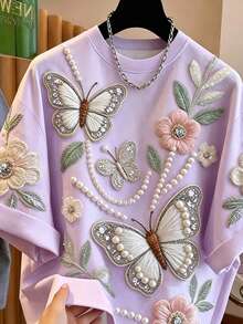 INAWLY Plus Size Women Versatile Butterfly & Flower Print Short Sleeve T-Shirt - Mauve Purple - View 5