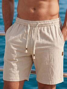 VENTUSAIL Men's Solid Color Elastic Waist Drawstring Casual Shorts, Summer, Holiday - Beige - View 6