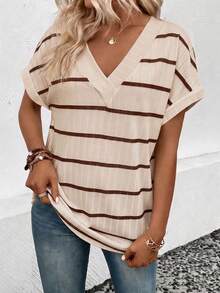 SHEIN LUNE Women's Spring/Summer New Arrival Striped & Printed V-Neck Short Sleeve Casual Versatile T-Shirt - Multicolor - View 3