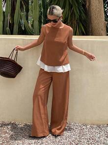 Livesso Women's 2pcs Set Round Neck Sleeveless Patchwork Top And Casual Minimalist Long Pants Vacation Shades Of Dark Brown Summer Brunch - Brown - View 5