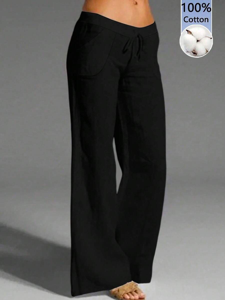 EMERY ROSE Women's Casual French Style Linen-Like Textured Flowy Soft Pocket Pants, Spring/Summer - Black - View 1