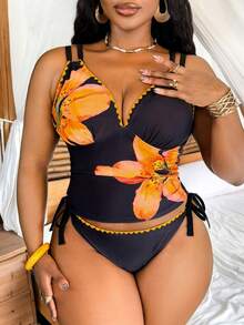 Slaydiva 2026 Spring Plus Size Women's 3-Piece Printed Bikini Set, Tie-String Triangle Bottoms, Drawstring Mini Skirt, Swimwear - Multicolor - View 5