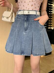 DAZY Women's Short Pleated Denim Mini Skirt, Suitable For Spring And Summer - Blue - View 3