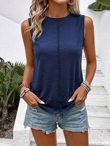 SHEIN LUNE A New Spring And Summer Fashion, Casual And Versatile Navy Blue Pure Cotton Round-Neck Vest - Navy Blue - View 7