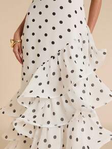 SHEIN BAE Gaun Panjang Berkerah V dengan Lengan Mengembang dan Motif Polkadot Hitam Putih, Gaun Panjang dengan Hiasan Rumbai di Bagian Bawah - Hitam dan Putih - View 4