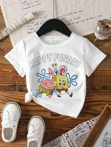 SpongeBob SquarePants | SHEIN Young Girl Casual Cartoon Print T-Shirt, Summer - White - View 7