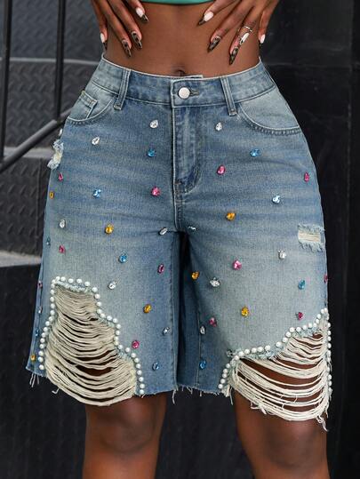 Jeanoix Pantalones cortos vaqueros anchos y cortos con bolsillos rasgados y decorados con strass