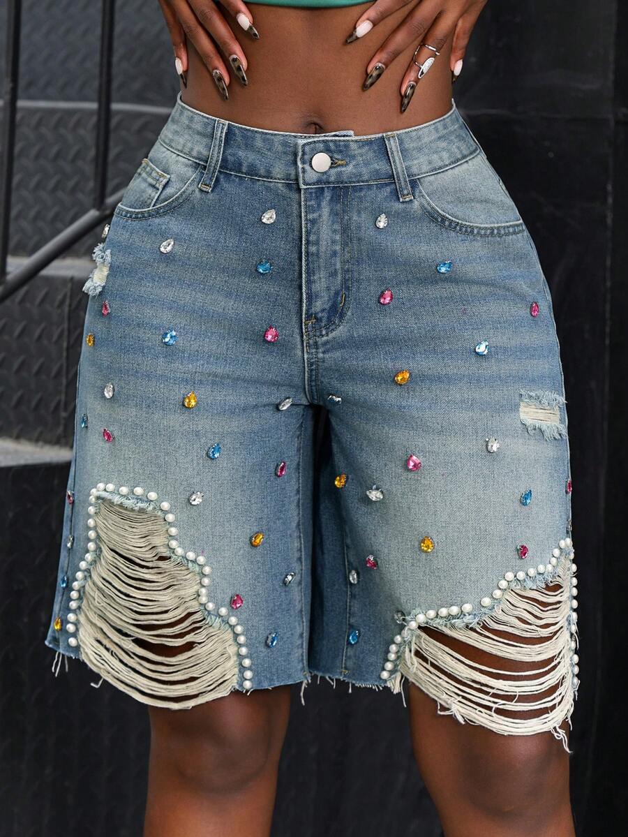 Jeanoix Quần short denim ống rộng lửng, rách, túi xéo, đính đá lấp lánh. - Màu xanh lam - Xem 1