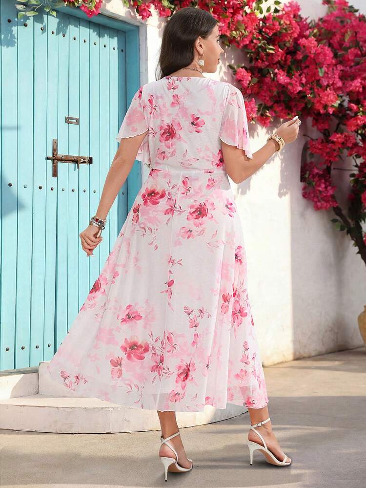 Plus Size Women Floral Print Ruffle Sleeve Dress