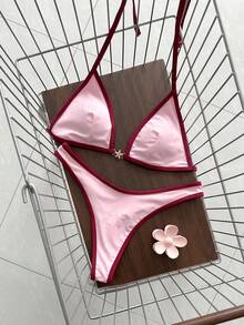 Swim Mod Spring/Summer Solid Color Triangle Wireless Halter Backless Top And Swim Shorts Women Sexy Bikini Set For Beach Vacation - Pink - View 1