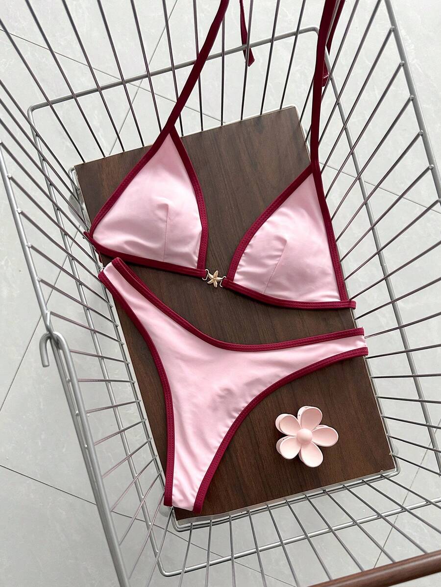 Swim Mod Spring/Summer Solid Color Triangle Wireless Halter Backless Top And Swim Shorts Women Sexy Bikini Set For Beach Vacation - Pink - View 1
