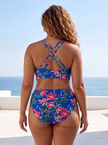 ELLERISSA Plus Size Blue Floral Print High Waist Cross Strap Back Bikini Set - Blue - View 2