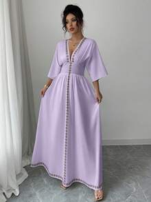 Rafferiza Robe dos nu à manches mi-longues avec motif floral élégant pour femme, style moyen-oriental - Prune - Voir 5