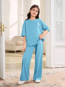 SHEIN 2pcs/Set Tween Girls Casual Loose Comfortable Round Neck Short Sleeve T-Shirt And Pants Set - Blue - View 6