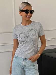 Livesso 女士休闲褶皱印花短袖露脐圆领T恤，夏季 - 灰色 - 查看 4