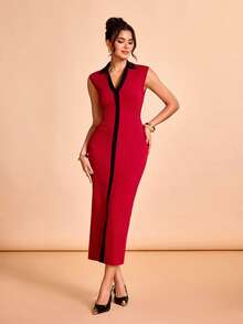 Glamance Burgundy & Black Patchwork Sleeveless V-Neck Bodycon Slit Dress, Elegant Mature Casual Sexy For Outing, Work, Office, Party, Date, Wedding Guest, Bridesmaid, Birthday, Vacation, Middle East Travel, Beach, Summer - Burgundy - View 3
