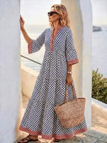 Ceyna Plus Size Woven Vintage Diamond Plaid V-Neck Tiered Ruffle Relaxed Vacation Style 3/4 Sleeve Dress - Blue - View 3