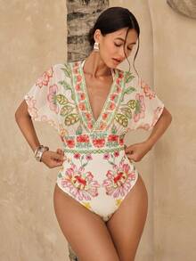 Swim Chiccia Áo tắm liền thân lưới thoáng khí họa tiết Boho Nam Mỹ dành cho nữ, có khả năng kiểm soát vùng bụng. - Màu be - Xem 1