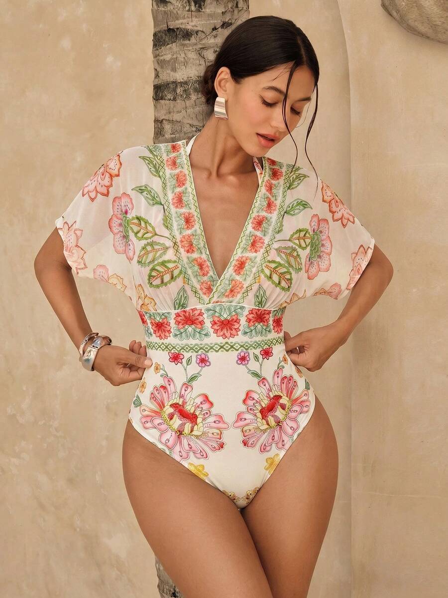 Swim Chiccia Women's South American BOHO Pattern Print Mesh Tummy Control One-Piece Swimsuit - Beige - View 1