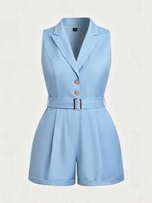 SHEIN Clasi Jumpsuit Tanpa Lengan Minimalis Elegan Warna Polos Ukuran Besar, Pakaian Kasual Sehari-hari Formal Biru Muda Musim Panas - Biru - View 4