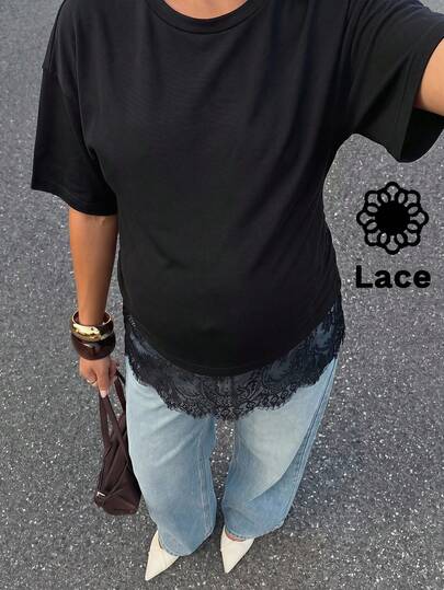 SHEIN Maternity Clothes Maternity  Tops Summer Pregnant Clothes Black Maternity T-Shirt With Lace Details, Comfortable And Casual Maternity Solid Color Lace Hem Short Sleeve T-Shirt  Black Tops