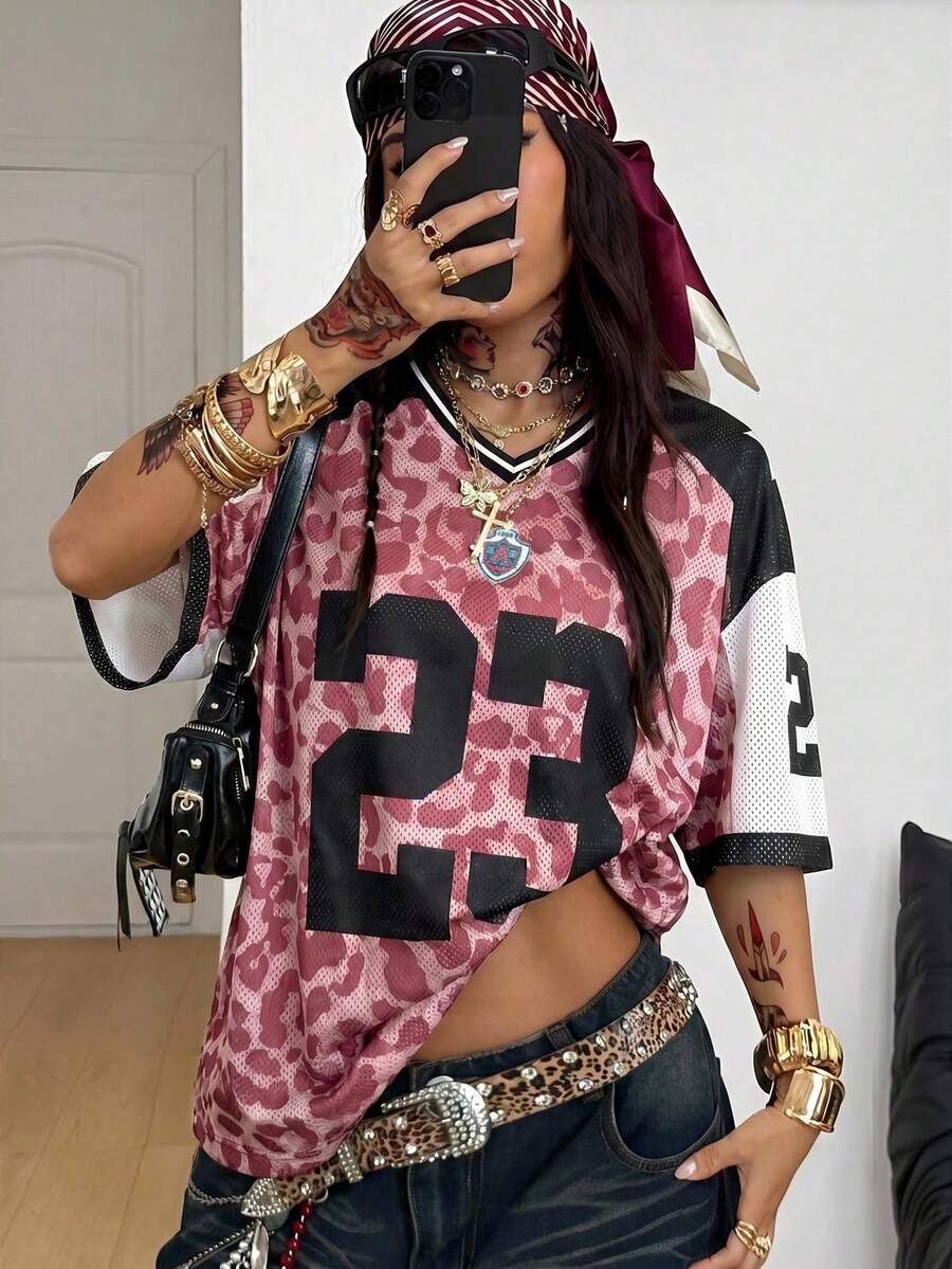 Coolane 女款男款大尺碼夏季秋季街頭風復古運動賽事日休閒網眼寬鬆豹紋粉色V領球衣T恤返校季 - 粉色 - 查看 1