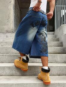 GALLERY FADE Quần denim capri nam phong cách đường phố trẻ in hình rồng - Rửa trung bình - Xem 4