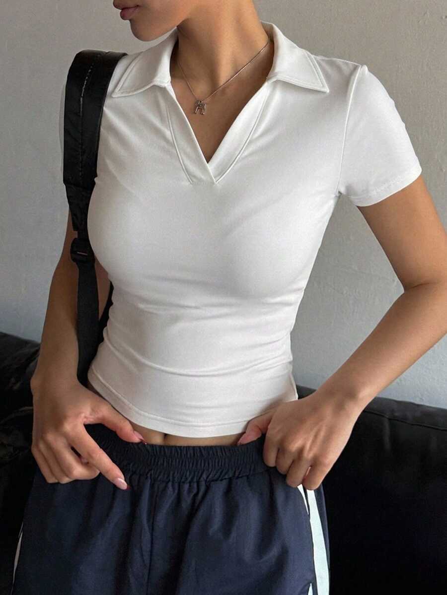 DAZY 女款方領短袖修身T恤 夏季 - 白色 - 查看 1