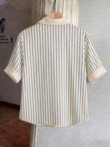 GlowEve Blusa elegante de diseño único con cuello vuelto, de manga corta, cintura ceñida y estampado digital de rayas sueltas, adecuada para el trabajo, el transporte, las vacaciones y el ocio - Albaricoque - Ver 2