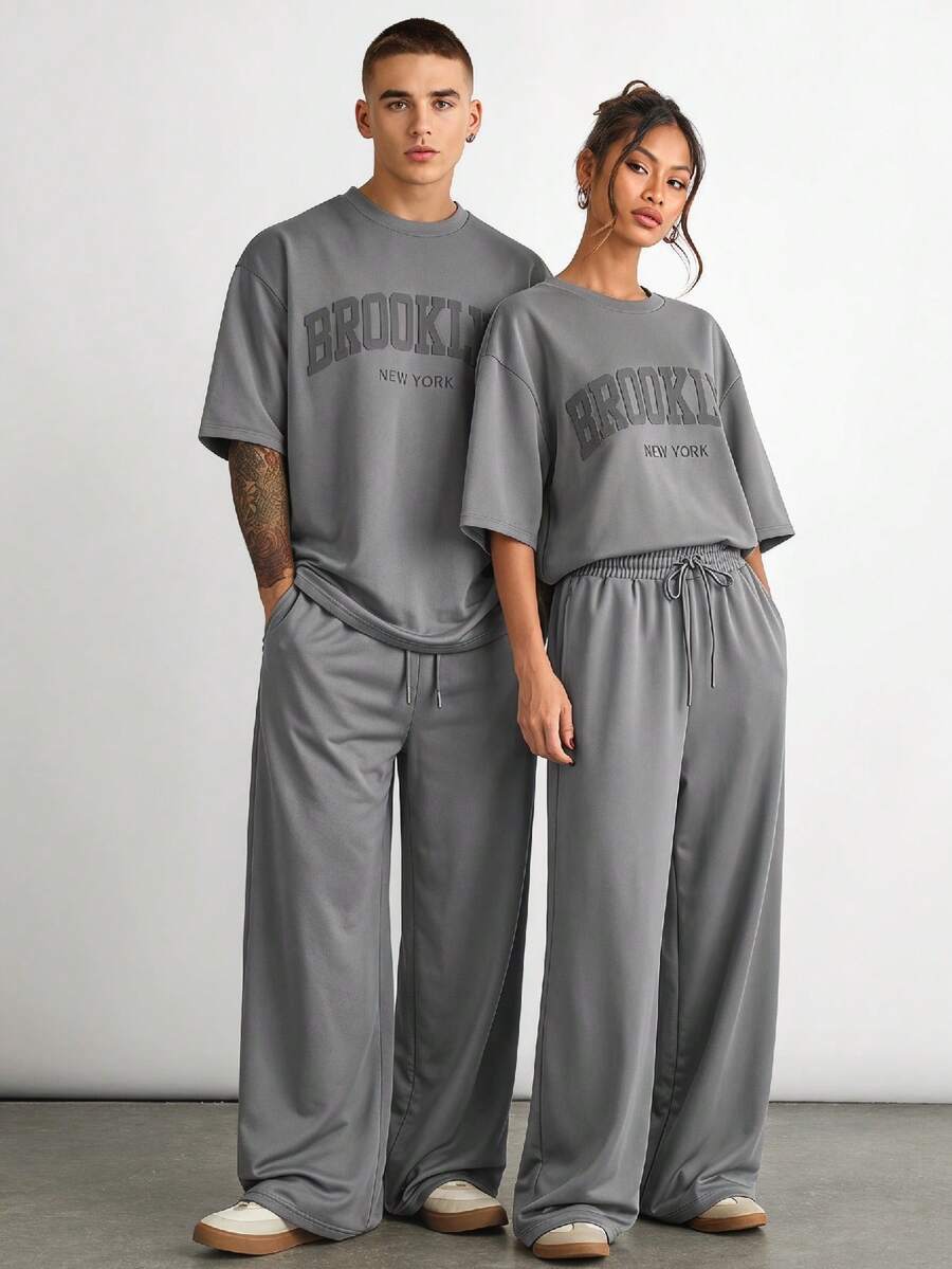 SWAVVY Men's Letter Print Short Sleeve T-Shirt And Shorts Casual Suit - Grey - View 1