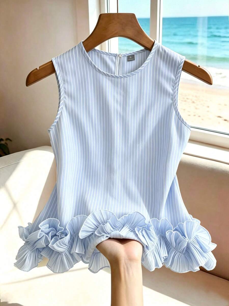 Franclia Women's Elegant Blue And White Stripe Satin Sleeveless Vest,Double-Layered Ruffle Trim Summer Holiday Tea Party Top,Casual Vacation Outing Blouse - Blue - View 1