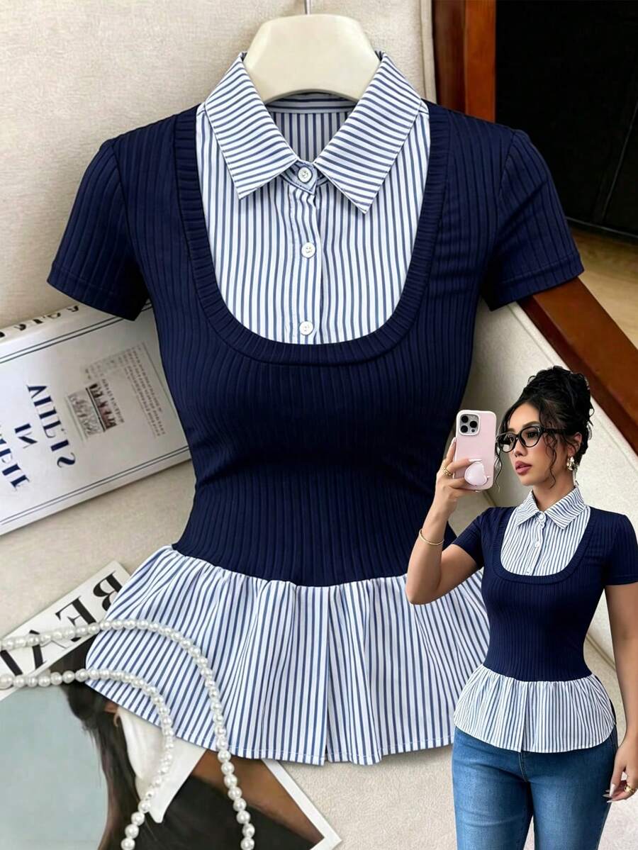 Elenzga Summer New Slimming 2 In 1 Polo Collar Knit Short Sleeve T-Shirt - Multicolor - View 1