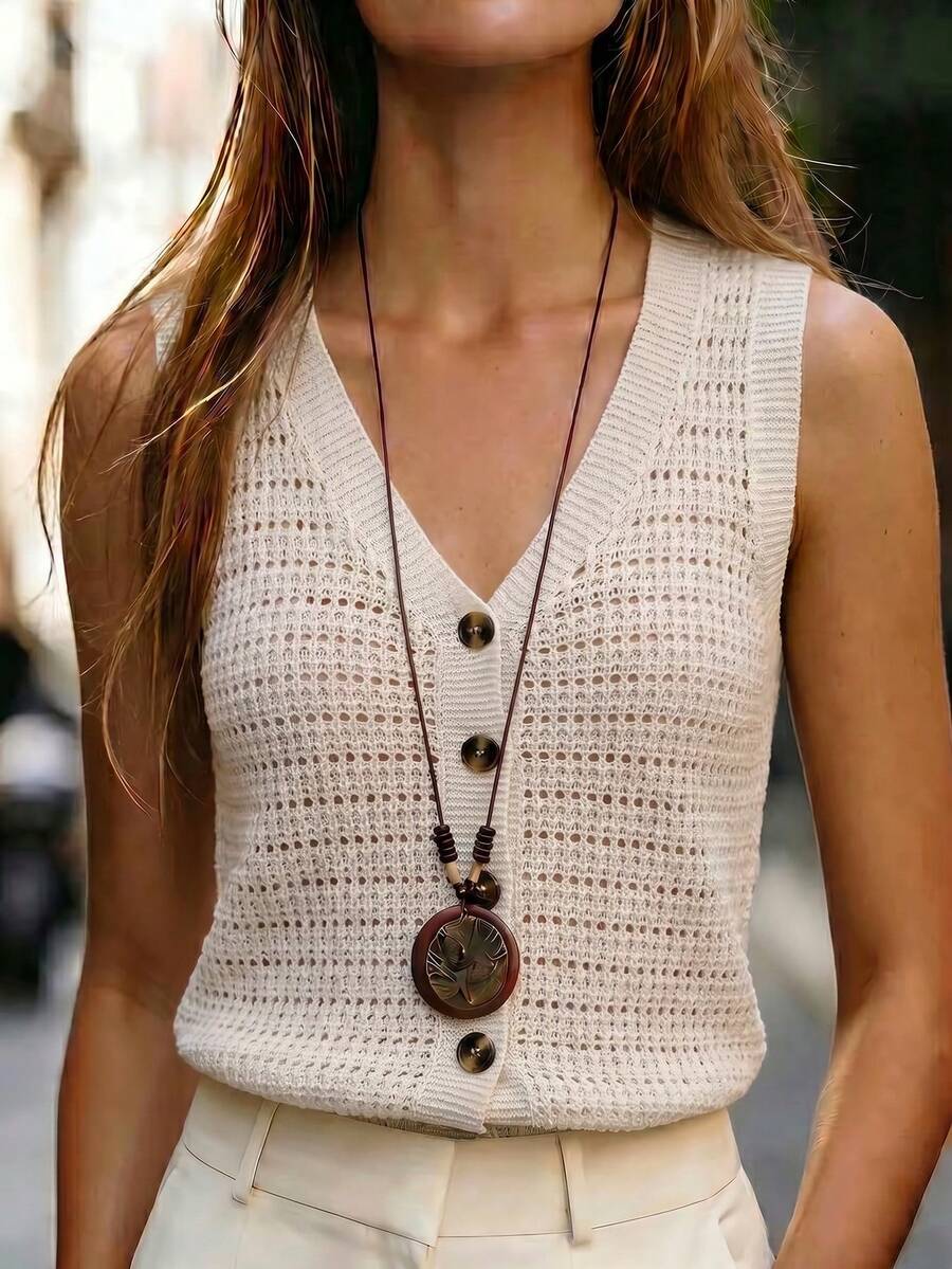 SHEIN Holidaya Women's Off-White Openwork Knit Sleeveless V-Neck Vest,Button Front,Gradient Mesh Texture,Retro Preppy Charm,Summer Casual Vacation Holiday Outfit - Beige - View 1