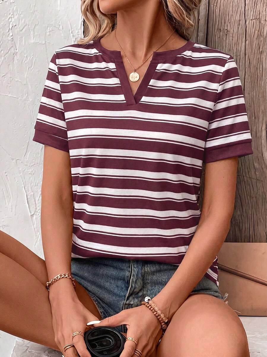 EMERY ROSE White And Burgundy Striped Digital Print Oversized Casual Women T-Shirt, A Gift For Friends Everyday Summer - Multicolor - View 1