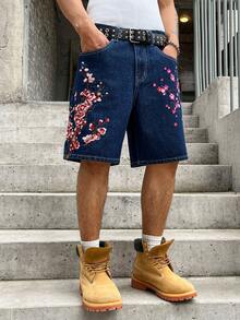 GALLERY FADE 日式花卉刺繡水洗深色男士牛仔短褲，度假風 - 藍色 - 查看 7