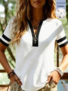 Zayélia Camiseta de Manga Curta Casual Elegante de Férias com Blocos de Cor, Listrada, Retro, de Malha de Algodão, com Zíper e Decote Parcial - Multicolorido - Visão 1