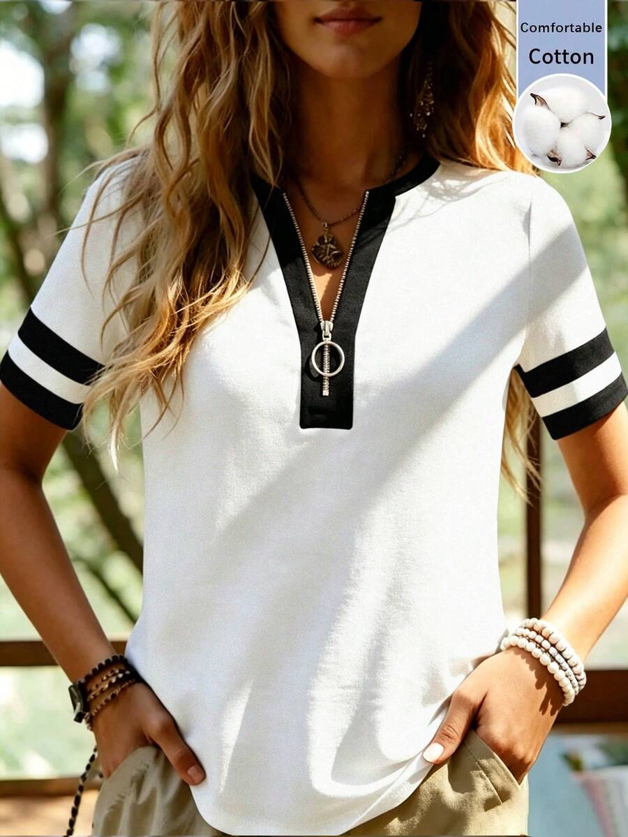 Zayélia Camiseta de Manga Curta Casual Elegante de Férias com Blocos de Cor, Listrada, Retro, de Malha de Algodão, com Zíper e Decote Parcial - Multicolorido - Visão 1