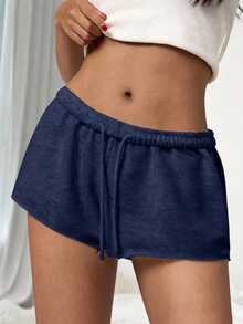 SHEIN Tween Girls' Casual Solid Color Drawstring Waist Shorts, Suitable For Daily Wear & Commuting, Summer - Navy Blue - View 3
