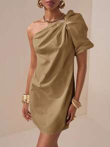 Zivah Elegant Summer Khaki Asymmetric Ruched Puff Sleeve Short Dress For Brunch,Music Festival,Easter,St. Patrick's Day,Vacation,Beach,Party,Graduation - Khaki - View 5