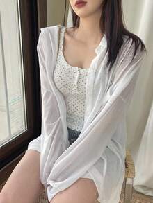 DAZY 女款波點印花鈕扣半開襟休閒背心上衣 夏季 - 杏色 - 查看 3