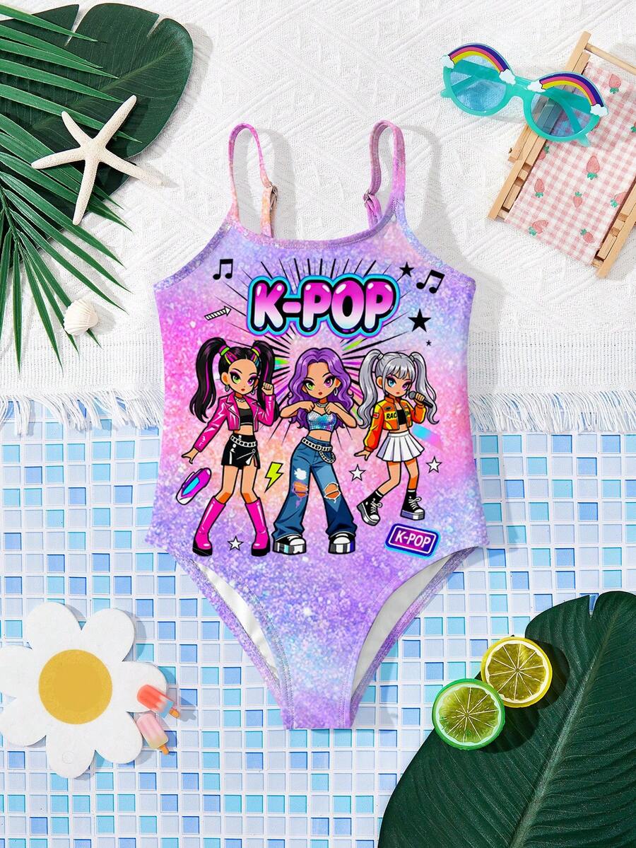 Hình ảnh cô gái hoạt hình, màu chuyển sắc rực rỡ, các ngôi sao K-Pop, họa tiết áo tắm nhóm nhạc nữ hoạt hình, áo tắm một mảnh phù hợp cho mùa hè. - Nhiều màu - Xem 1