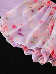 Genkimix Kids 2026 Neues Mädchen Sommer 2-teiliges Set, rosa Schleife Kurzarm T-Shirt & Blumen Shorts - Violett - Übersicht 6