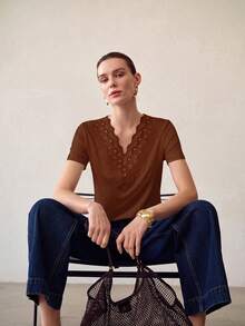 MOTF PREMIUM WOMEN'S CONTRAST LACE V-NECK T-SHIRT - Brown - View 5