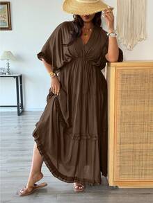 Vionelle Plus Size French Style Solid Color Romantic Boho Ruffle Trim Regular Dress, Spring/Summer Beach Brown - Brown - View 6