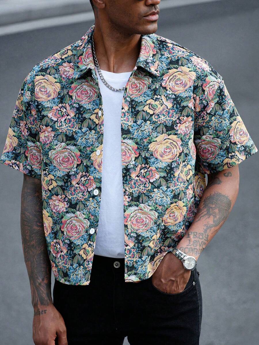 Manfinity CasualCool Plus Size Men's Casual Loose Textured Jacquard Short Sleeve Vacation Shirt - Multicolor - View 1