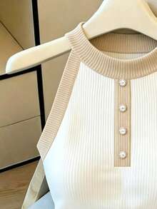 Franclia Summer New Contrast Color Halter Knit Camisole Women, French Chic Fitted Sleeveless Top, Versatile For Commute, Date, Travel - Khaki - View 3