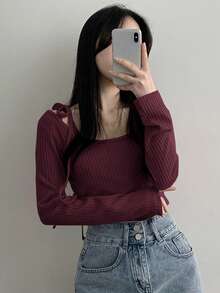 DAZY Women's Scoop Neck Twist Rib-Knit Long Sleeve 2 In 1 T-Shirt,Fall Clothes - Burgundy - View 4