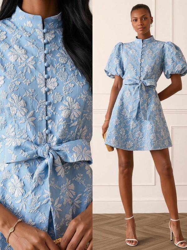 Lilora Women's Elegant Jacquard Short Dress, High-End Fashion Versatile Elegant Dress, Suitable For Commuting, Daily Tea Party Casual Outings, Gatherings, Dates, Parties, Leisure, Outings, Graduation Season, Summer, Trips Light Blue
