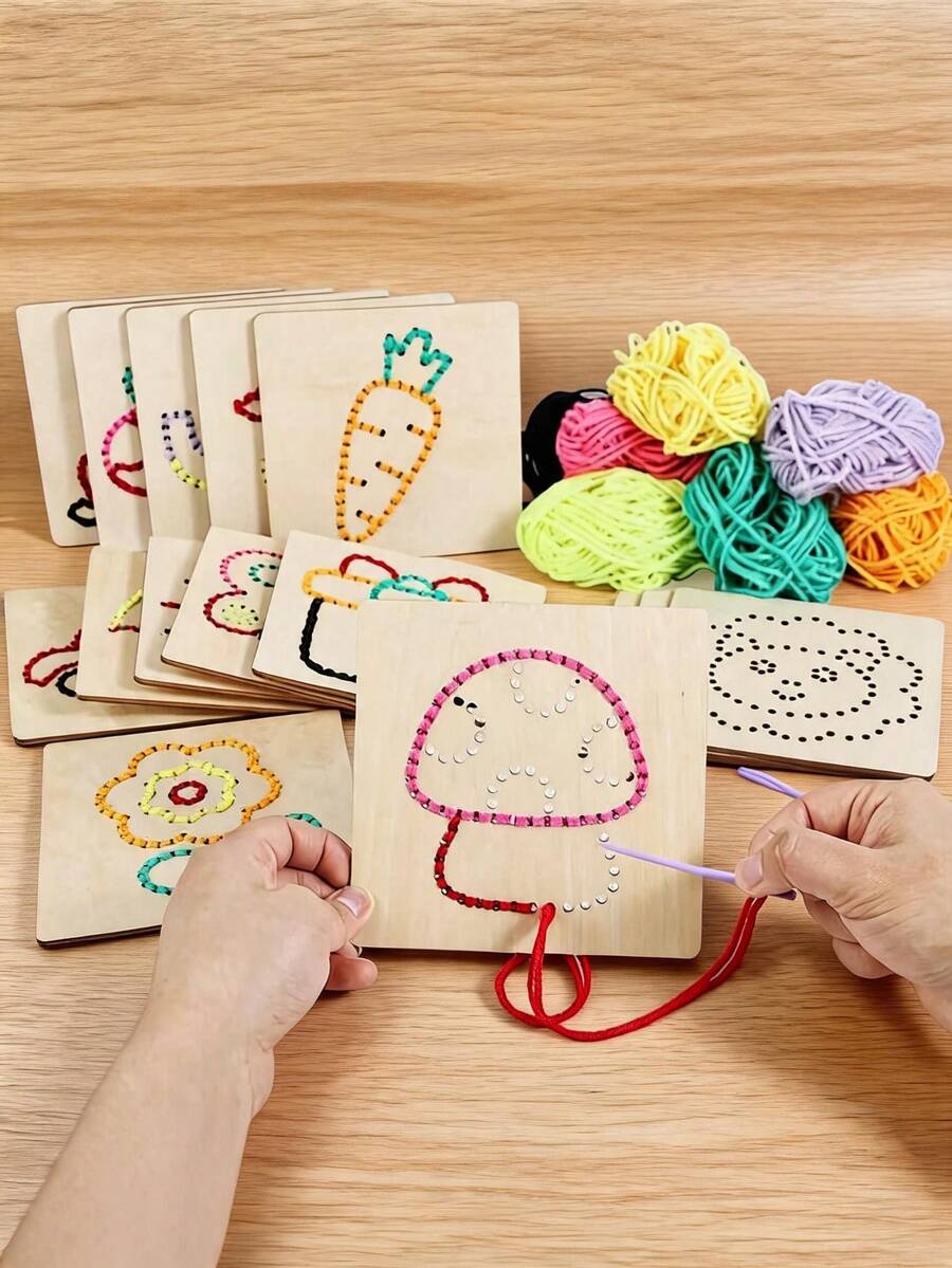 POKOJA LAND Kids DIY Wooden Lacing Board Toy, Colorful Yarn Threading Activity Kit, Early Educational Fine Motor Skill Puzzle, Double-Sided Pattern Blocks With Threading Pens For Toddlers