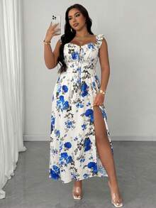 Maweii Plus Size Summer Floral Print Dress With Ruffle Hem And Side Slit Vacation White Boho - Multicolor - View 1